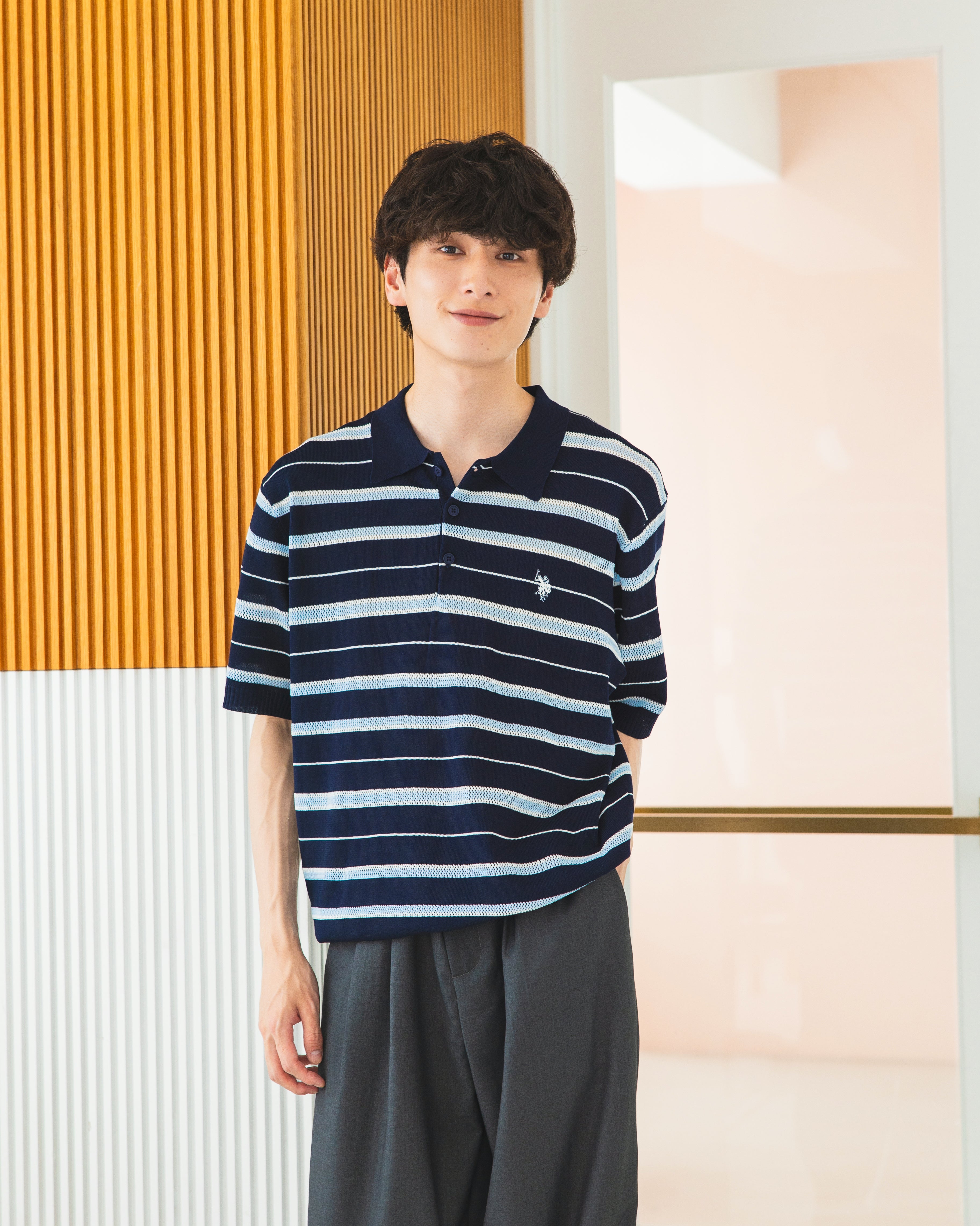 Mesh border knit polo shirt メッシュボーダーニットポロシャツ