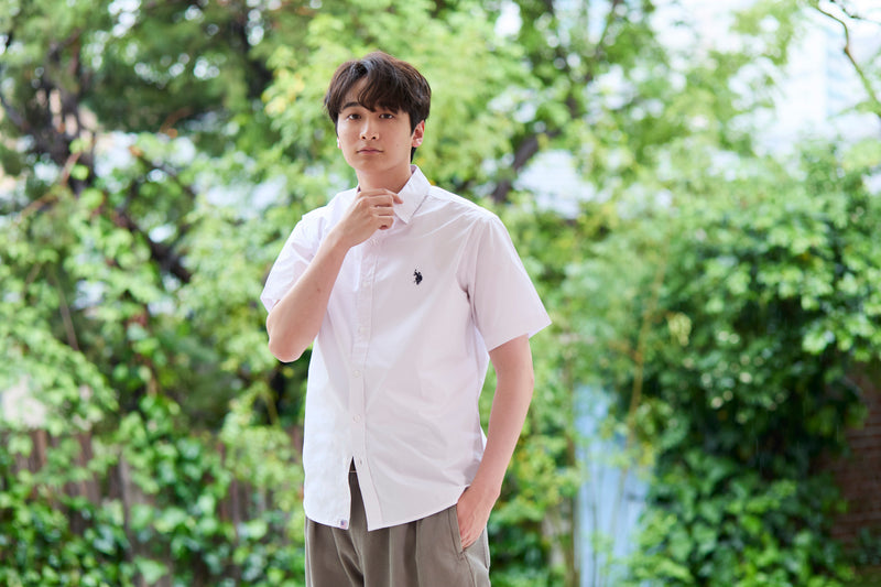 Regular collar broad shirt　レギュラーカラーブロード半袖シャツ　ダブルホースマン刺繍　PLM52710