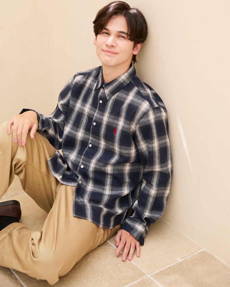 Regular collar check shirt　レギュラーカラーチェック長袖シャツ　ダブルホースマン刺繍　PLM53715
