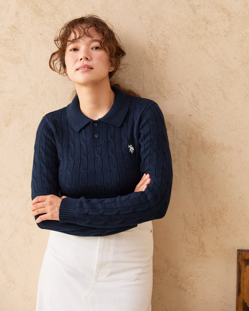 cable polo knit　ケーブルポロニット　ダブルホースマン刺繍　PLL53470