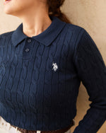 cable polo knit　ケーブルポロニット　ダブルホースマン刺繍　PLL53470