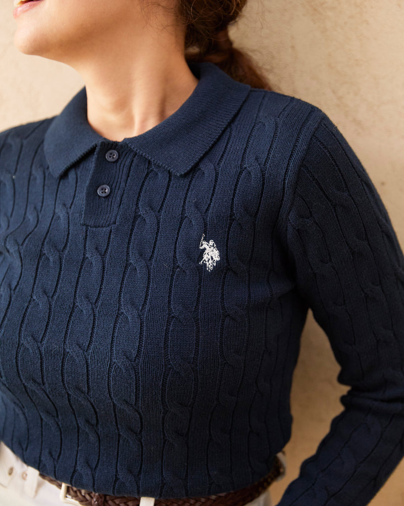 cable polo knit　ケーブルポロニット　ダブルホースマン刺繍　PLL53470