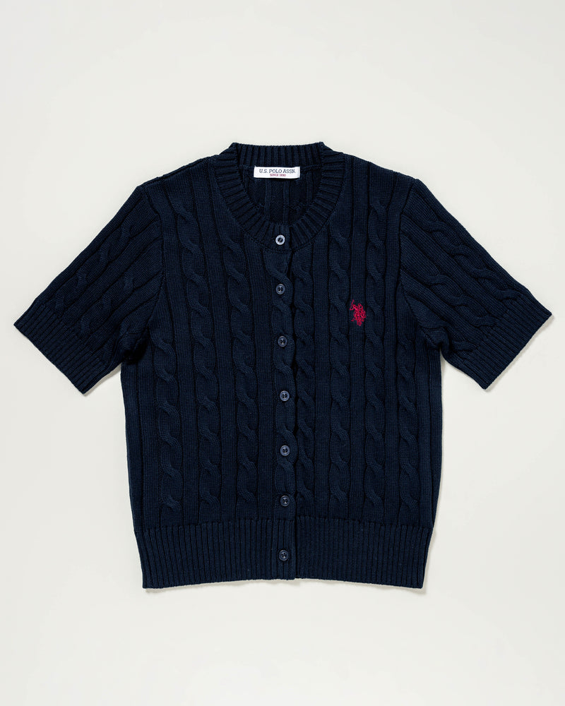 Cable Knit Cardigan　ケーブル編みニット半袖カーディガン　 ダブルホースマン刺繍　PLL52415