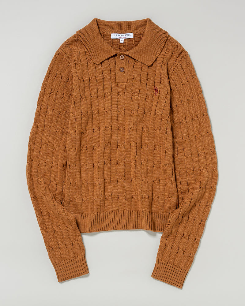 cable polo knit　ケーブルポロニット　ダブルホースマン刺繍　PLL53470