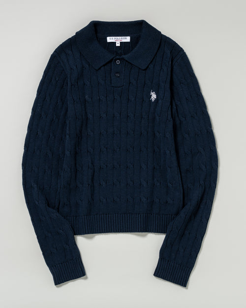 cable polo knit　ケーブルポロニット　ダブルホースマン刺繍　PLL53470