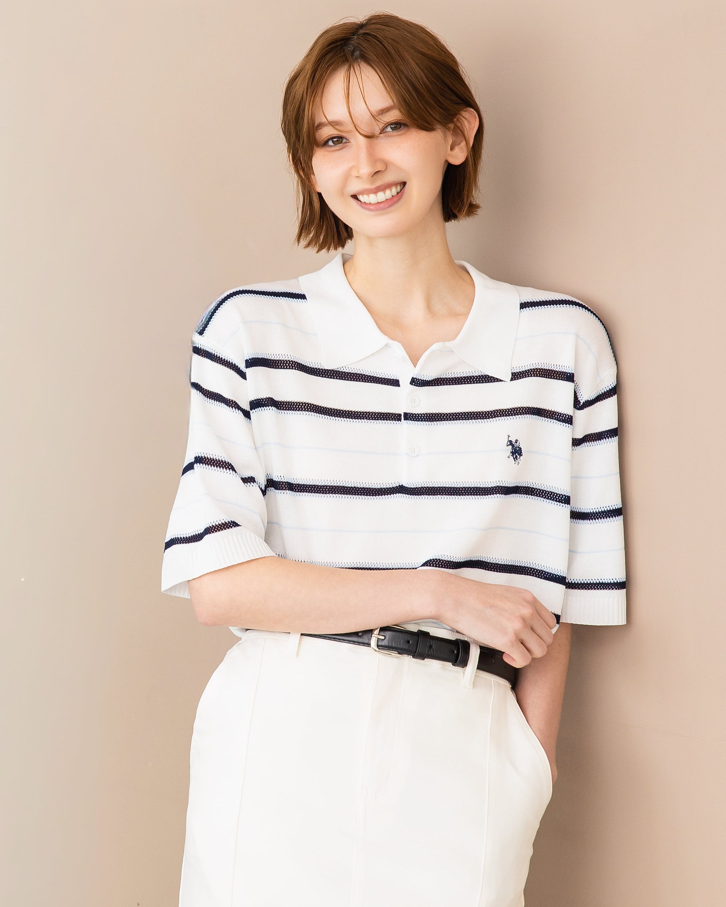 Mesh border knit polo shirt メッシュボーダーニットポロシャツ